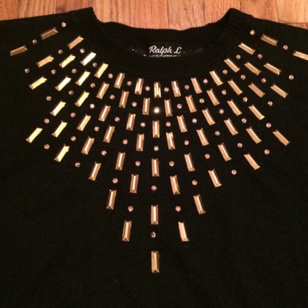 Gold stud embelished vintage bat sleeve sweater